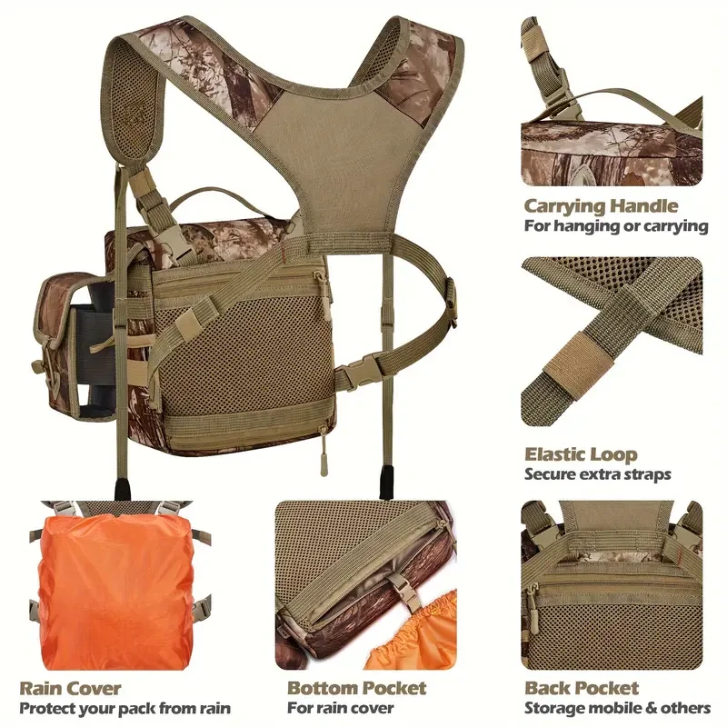 Peto de caza de camuflaje con arnés para binoculares, bolsillo para telémetro y patrón de camuflaje patentado.