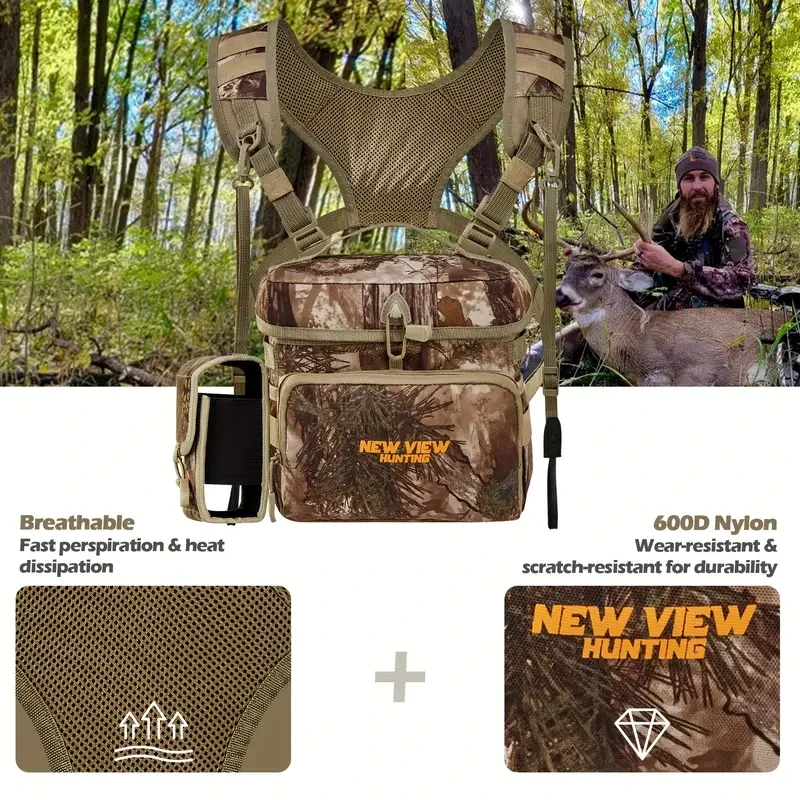 Peto de caza de camuflaje con arnés para binoculares, bolsillo para telémetro y patrón de camuflaje patentado.