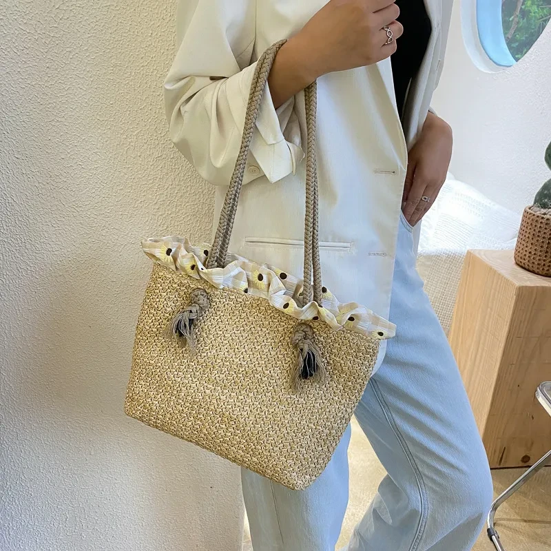 Bolso de paja de verano para mujer, bandolera grande de mimbre tejido, bolso de playa trenzado de rafia.