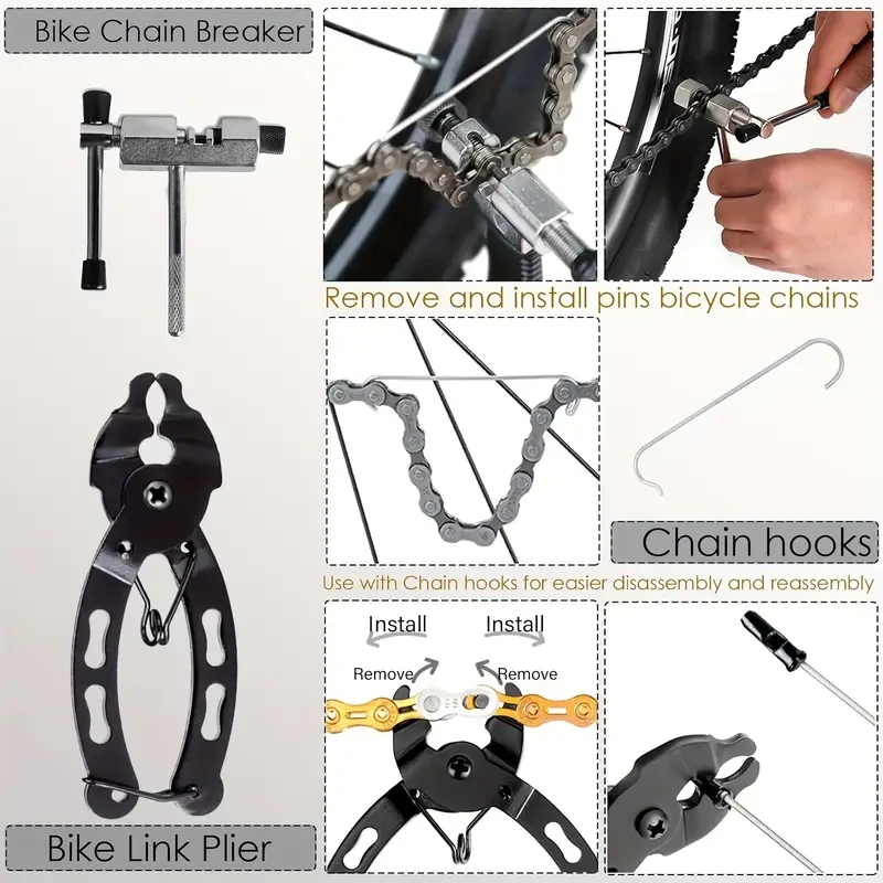 Kit de herramientas profesionales para reparación de bicicletas de 9 piezas con látigo de cadena de acero inoxidable