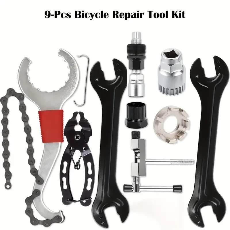 Kit de herramientas profesionales para reparación de bicicletas de 9 piezas con látigo de cadena de acero inoxidable