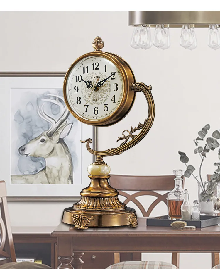 Reloj de escritorio de estilo europeo para sala de estar, grande, chapado en cobre, con adornos, para escritorio, para sentarse