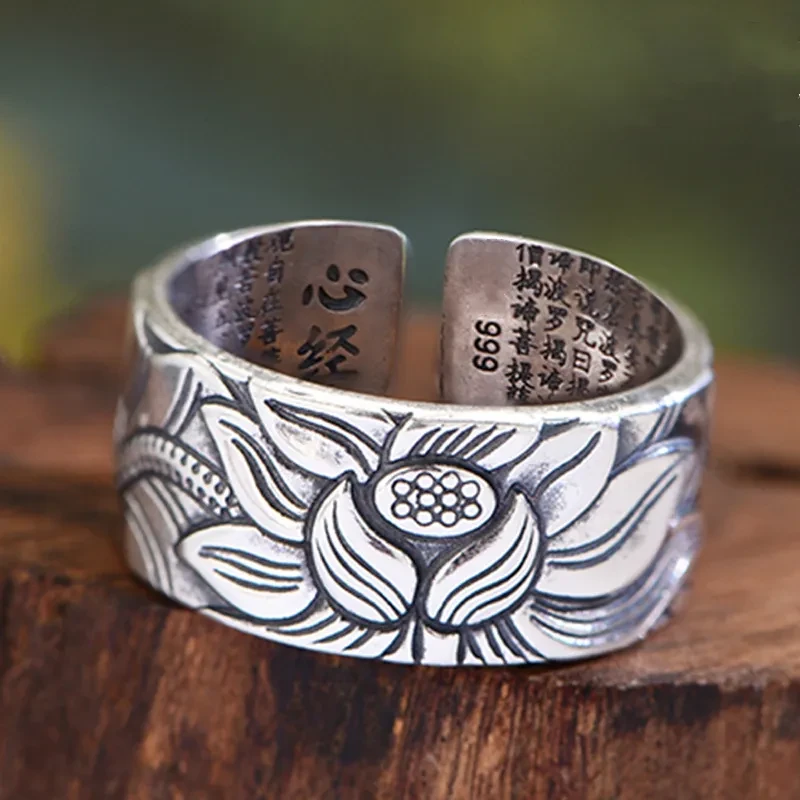 Anillo de plata tailandesa con sutra del corazón de loto para hombre y mujer.