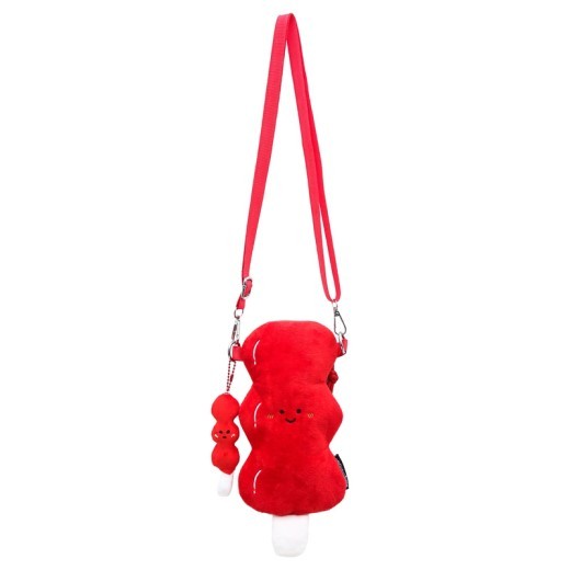 Bolso bandolera de peluche con forma de haws en un palo, recubierto de azúcar