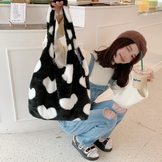 Bolso de hombro grande de peluche con forma de corazón para mujer