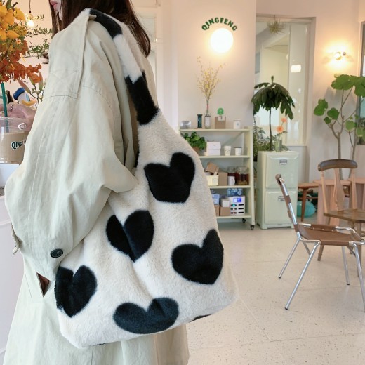 Bolso de hombro grande de peluche con forma de corazón para mujer