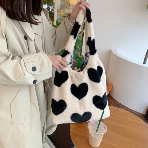 Bolso de hombro grande de peluche con forma de corazón para mujer