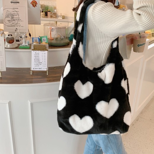 Bolso de hombro grande de peluche con forma de corazón para mujer