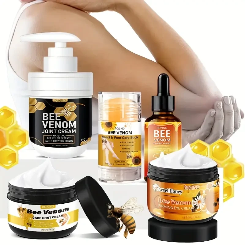 Set de 5 productos para el cuidado de la piel y el cabello con veneno de abeja de ROZINO: hidratante y nutritivo. Incluye crema de ojos de panal, cremas para articulaciones y pies, champú y acondicionador con aceite de jojoba y escualano vegetal. Para una