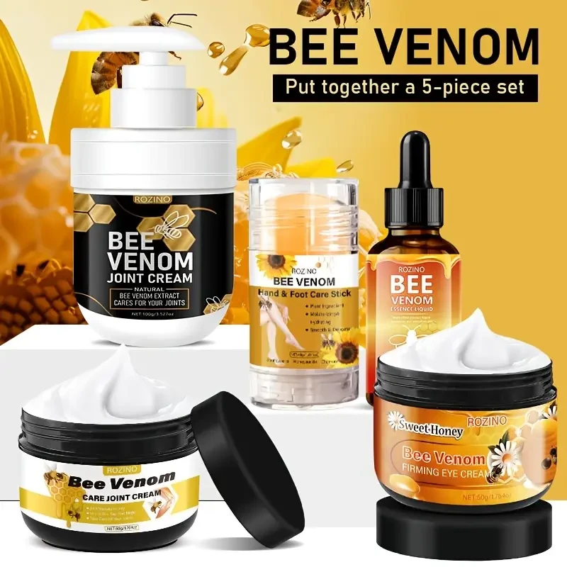 Set de 5 productos para el cuidado de la piel y el cabello con veneno de abeja de ROZINO: hidratante y nutritivo. Incluye crema de ojos de panal, cremas para articulaciones y pies, champú y acondicionador con aceite de jojoba y escualano vegetal. Para una