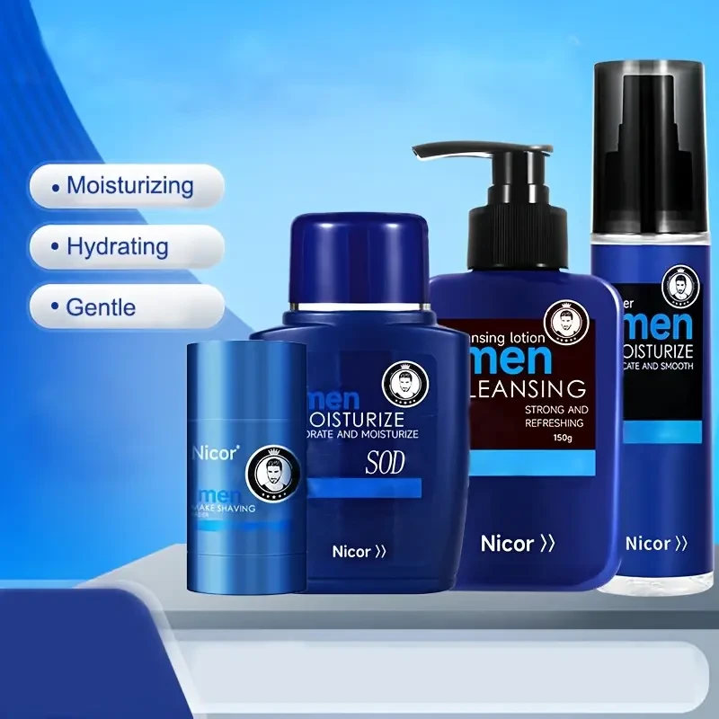 Set de cuidado de la piel Nicor para hombre (4 piezas): limpiador facial hidratante, crema hidratante, tónico y barra de afeitar. Cuidado de día y de noche. Limpieza e hidratación para todo tipo de piel con colágeno. Hipoalergénico y sin parabenos. Acce