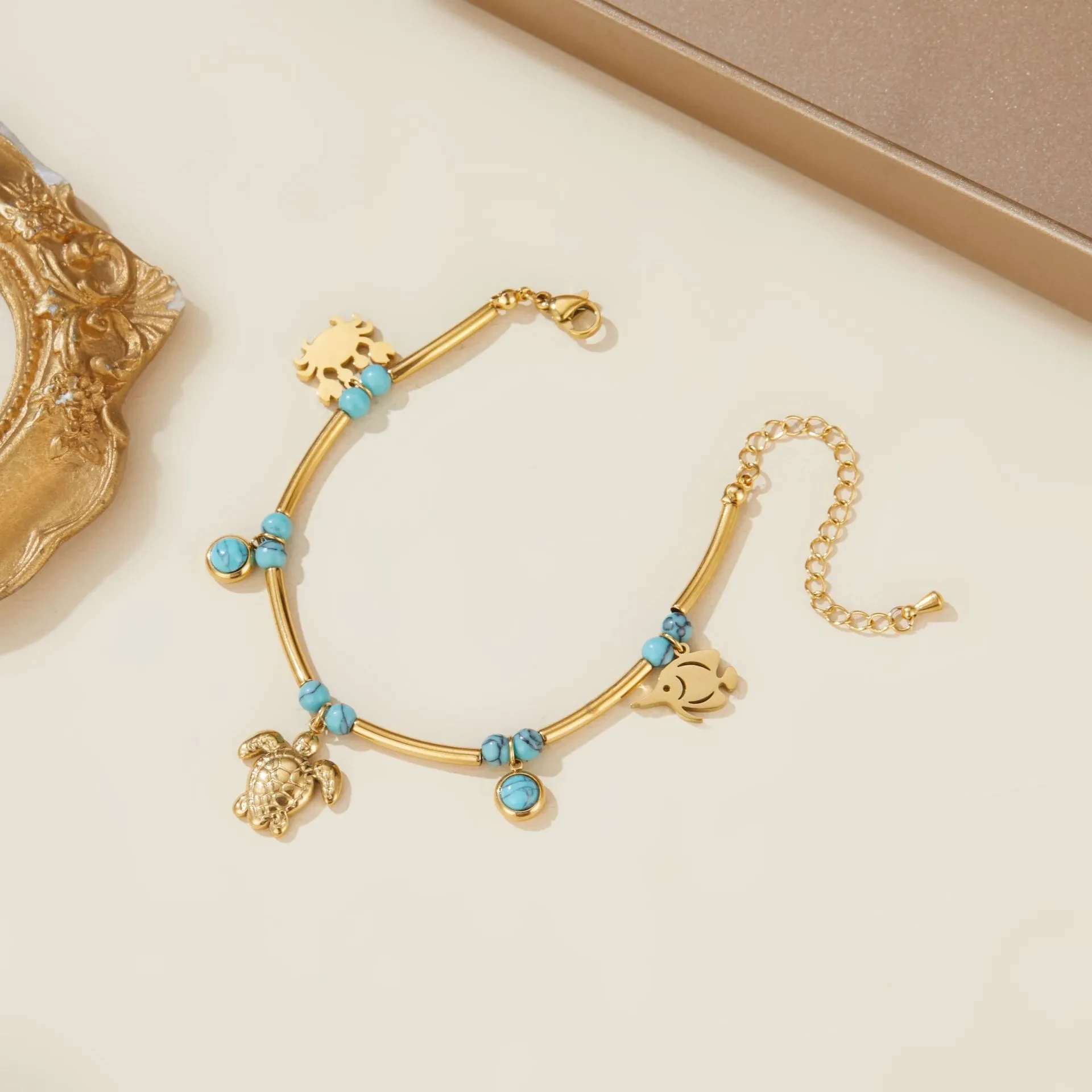 Pulsera de acero inoxidable con turquesa tropical oceánica de moda