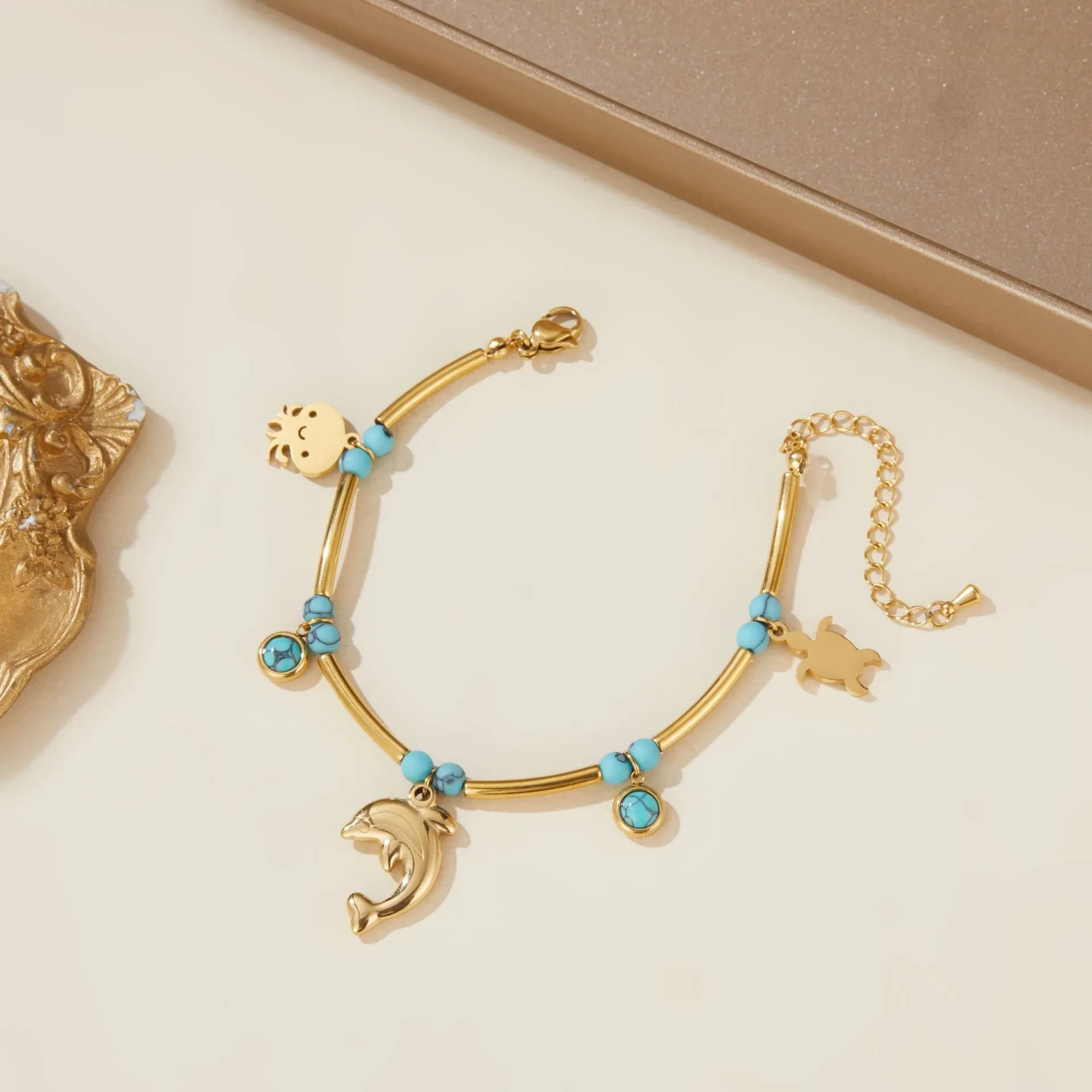 Pulsera de acero inoxidable con turquesa tropical oceánica de moda