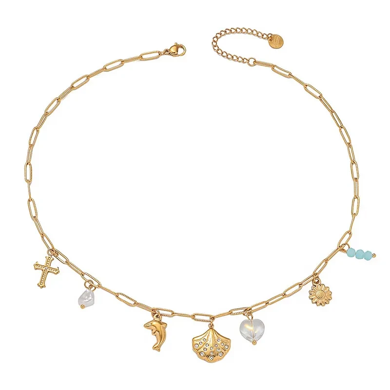 Collar de delfín chapado en oro con festón de diamantes retro