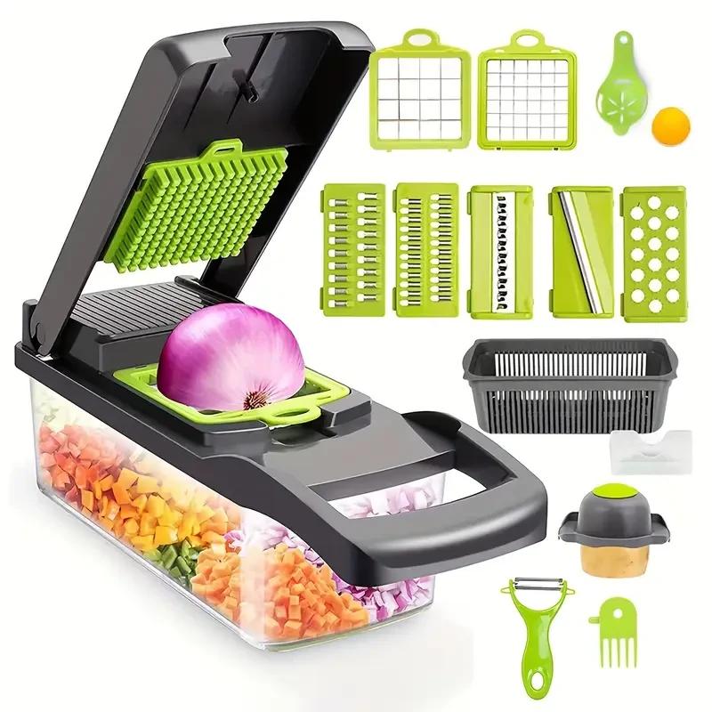 Picadora de verduras multifuncional 16 en 1: rebanadora manual de alimentos con recipiente, cortadora de verduras para cebolla, zanahoria y ajo. Juego de utensilios de cocina de plástico con escurridor y protector de manos.