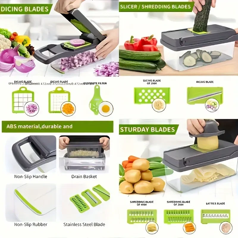Picadora de verduras multifuncional 16 en 1: rebanadora manual de alimentos con recipiente, cortadora de verduras para cebolla, zanahoria y ajo. Juego de utensilios de cocina de plástico con escurridor y protector de manos.
