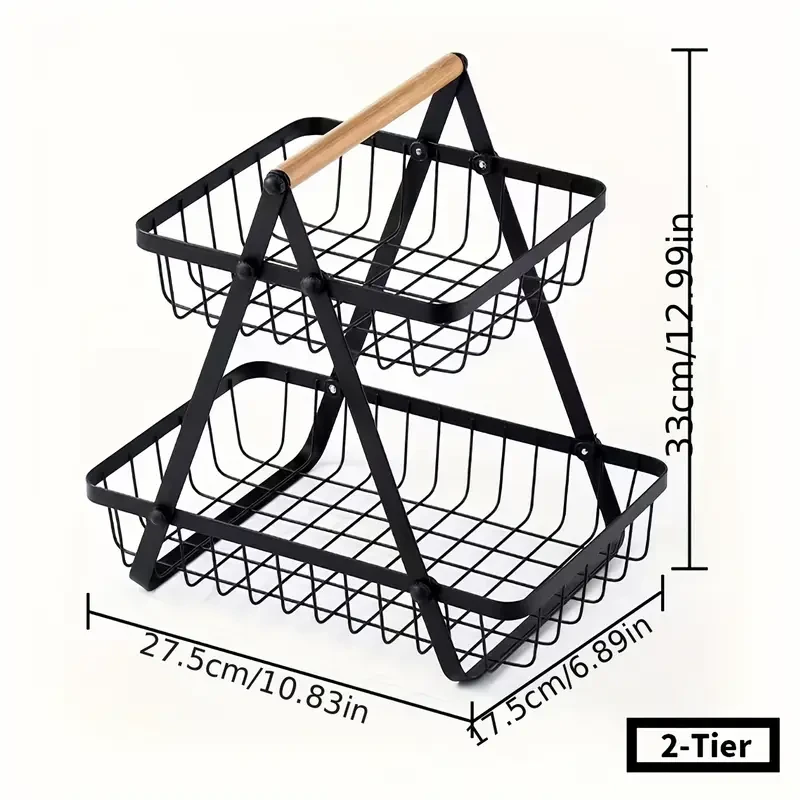 Cesta moderna de metal para frutas y verduras con recipiente extraíble en forma de cuenco y asa de madera para organizar la cocina. Ideal para regalo de Navidad o Halloween, encimera y baño.
