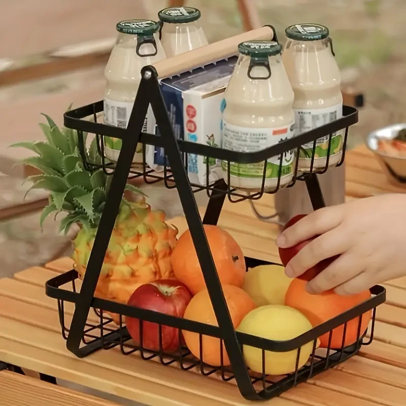 Cesta moderna de metal para frutas y verduras con recipiente extraíble en forma de cuenco y asa de madera para organizar la cocina. Ideal para regalo de Navidad o Halloween, encimera y baño.