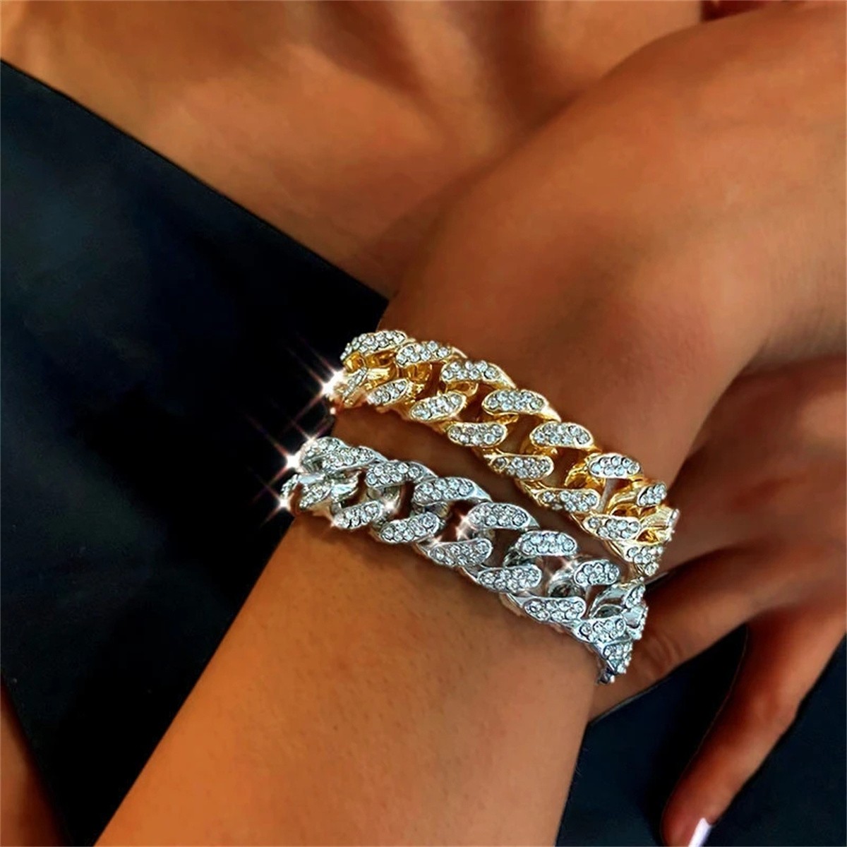 Pulsera de cadena de eslabones cubanos con cristales de Miami de 13 mm
