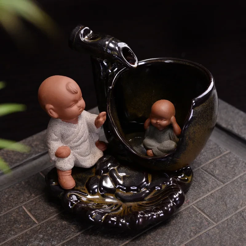 Quemador de incienso de reflujo, adornos creativos de cerámica de gran tamaño, cilindro de impacto Sima Guang, pequeño monje, torre de ceremonia del té en casa, quemador de aromaterapia de sándalo