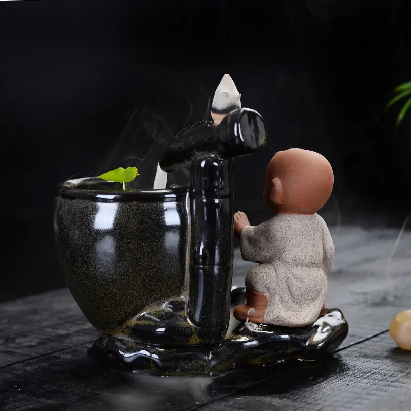 Quemador de incienso de reflujo, adornos creativos de cerámica de gran tamaño, cilindro de impacto Sima Guang, pequeño monje, torre de ceremonia del té en casa, quemador de aromaterapia de sándalo