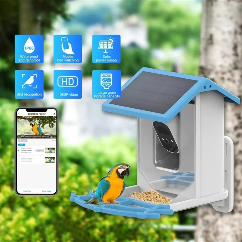 Comedero inteligente para pájaros con WiFi 2.4G y cámara, pantalla 2.4K, energía solar de bajo consumo, visión nocturna, IP66, resistente al agua, con conexión 4G o WiFi.