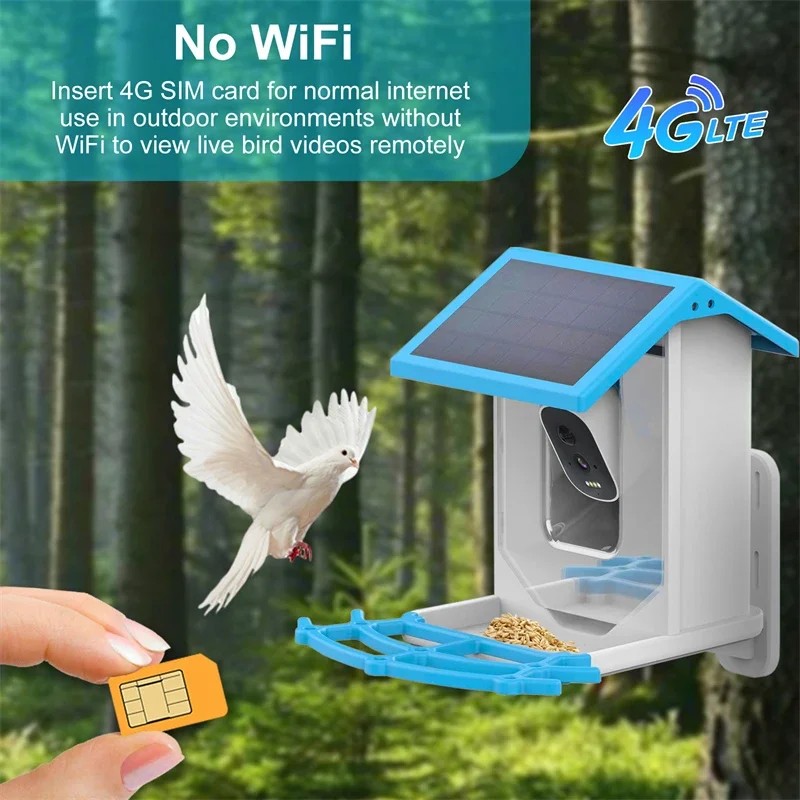 Comedero inteligente para pájaros con WiFi 2.4G y cámara, pantalla 2.4K, energía solar de bajo consumo, visión nocturna, IP66, resistente al agua, con conexión 4G o WiFi.