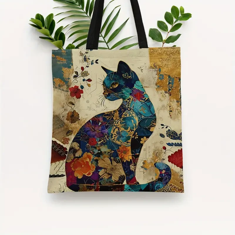 Bolsa de mano con estampado floral de gato