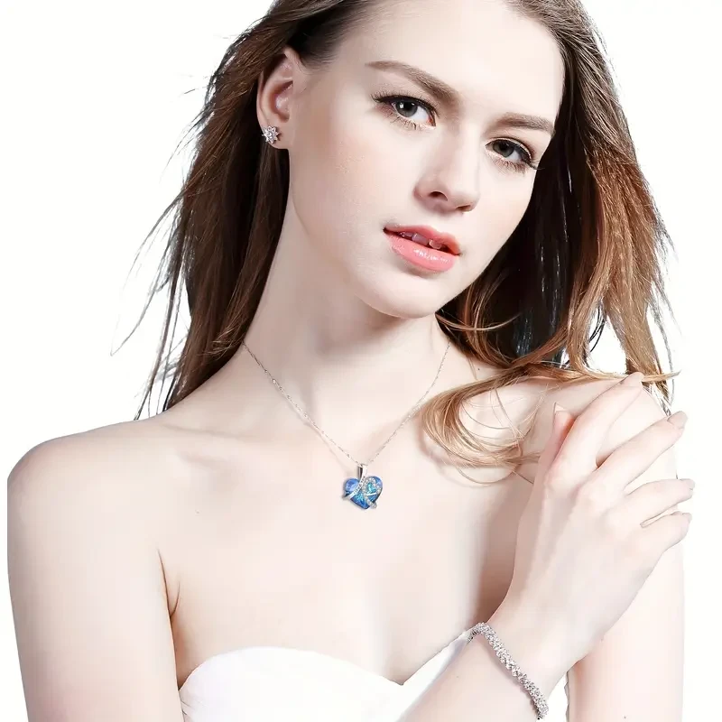 Collar con colgante de corazón "Te amo para siempre" en plata de ley 925 con cristal artificial azul.