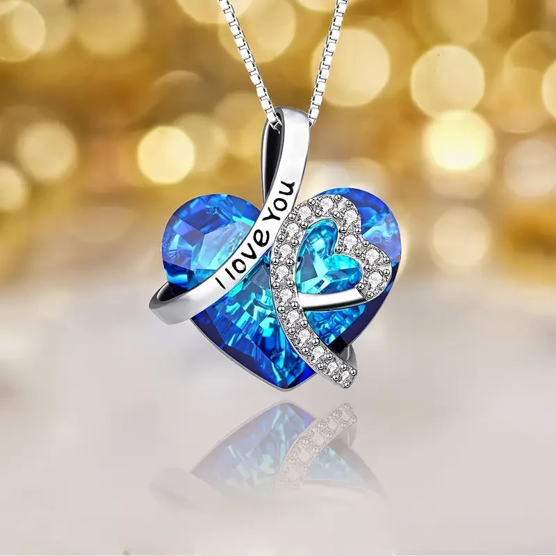 Collar con colgante de corazón "Te amo para siempre" en plata de ley 925 con cristal artificial azul.