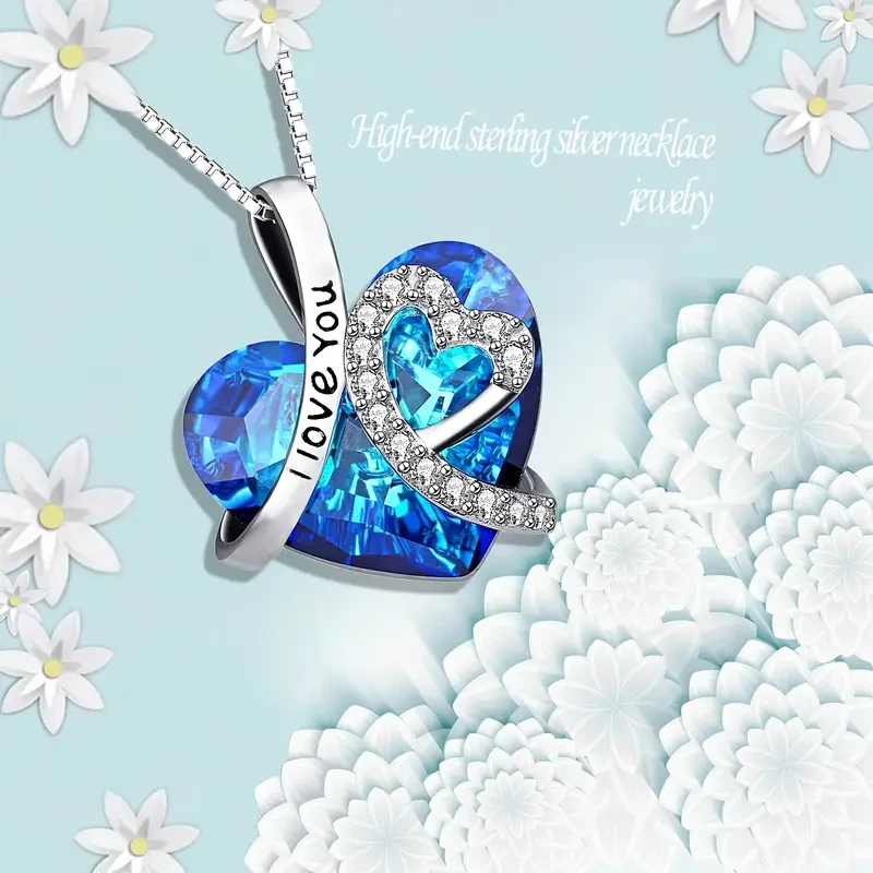 Collar con colgante de corazón "Te amo para siempre" en plata de ley 925 con cristal artificial azul.