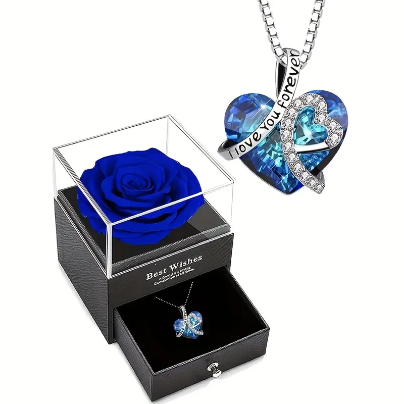 Collar con colgante de corazón "Te amo para siempre" en plata de ley 925 con cristal artificial azul.