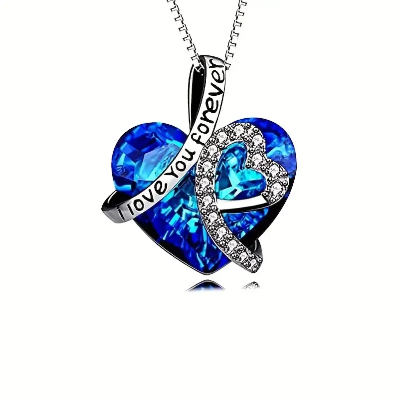 Collar con colgante de corazón "Te amo para siempre" en plata de ley 925 con cristal artificial azul.