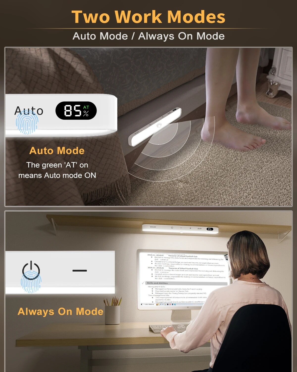 Lámpara de armario con sensor de movimiento WILLED - Barra de luz táctil inalámbrica recargable de 60 LED