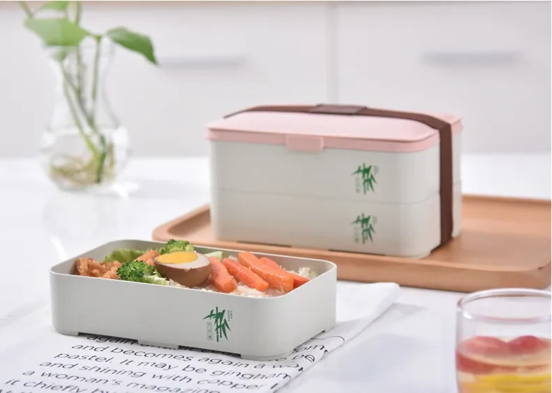 Fiambrera bento ecológica de bambú de 3 capas, apta para microondas.