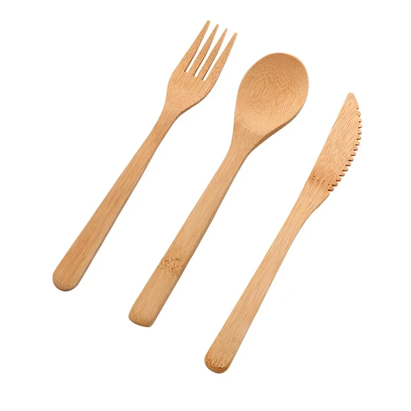 Juego de cuchillo, tenedor y cuchara de bambú ecológico y degradable