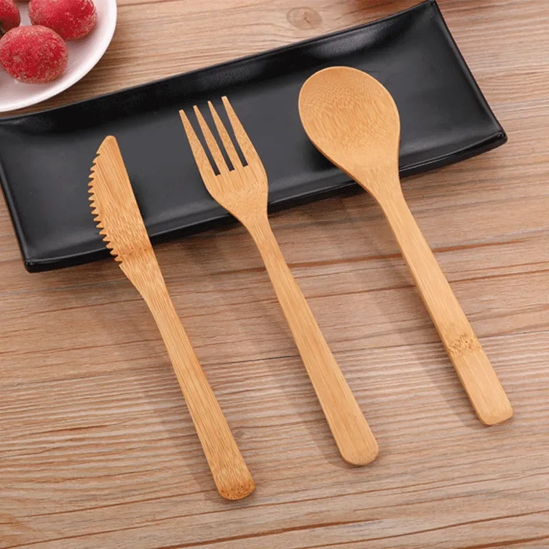 Juego de cuchillo, tenedor y cuchara de bambú ecológico y degradable