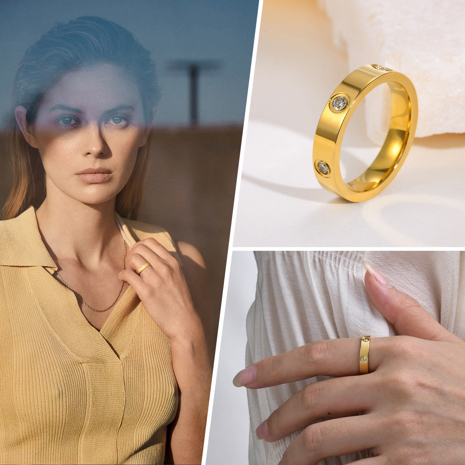 Anillos de compromiso de amor con circonitas cúbicas - Alianza de boda de acero inoxidable chapada en oro