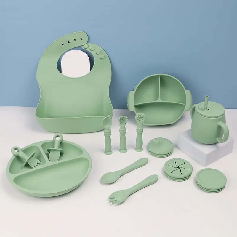 Juego de vajilla de silicona para niños, vajilla para alimentación de bebés, alimentos sólidos, babero, ventosa, tazón, cuchara, plato, babero, juego de 15 piezas
