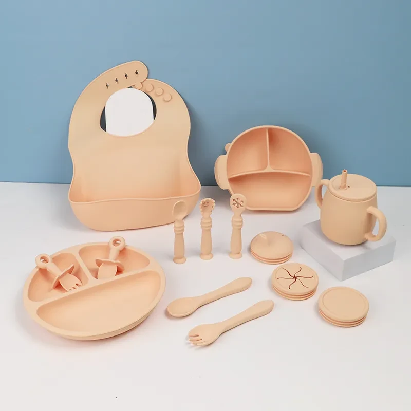 Juego de vajilla de silicona para niños, vajilla para alimentación de bebés, alimentos sólidos, babero, ventosa, tazón, cuchara, plato, babero, juego de 15 piezas