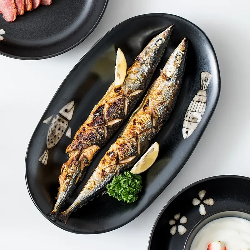 Plato de pescado japonés pintado a mano Plato de pescado grande
