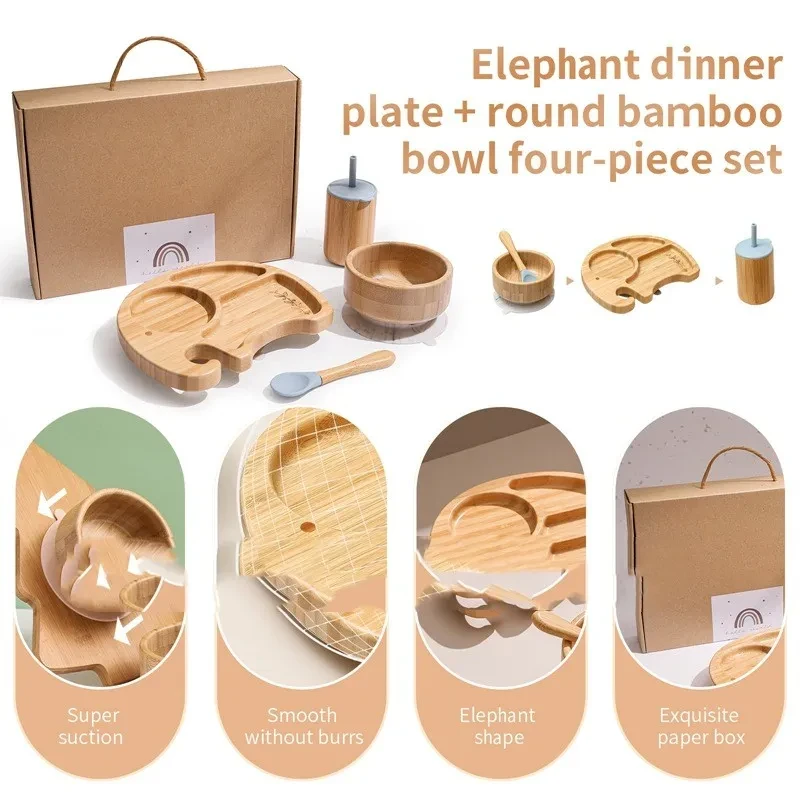 Juego de cuatro platos llanos de bambú redondos con ventosa de elefante para niños