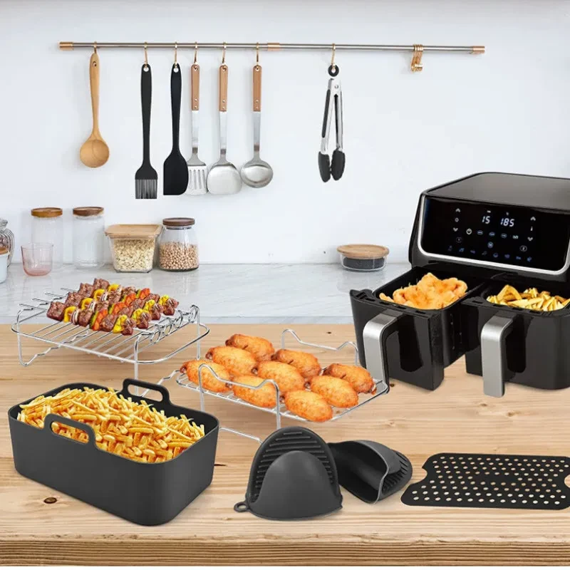 Accesorios para freidora de aire, juego rectangular, parrilla de doble olla