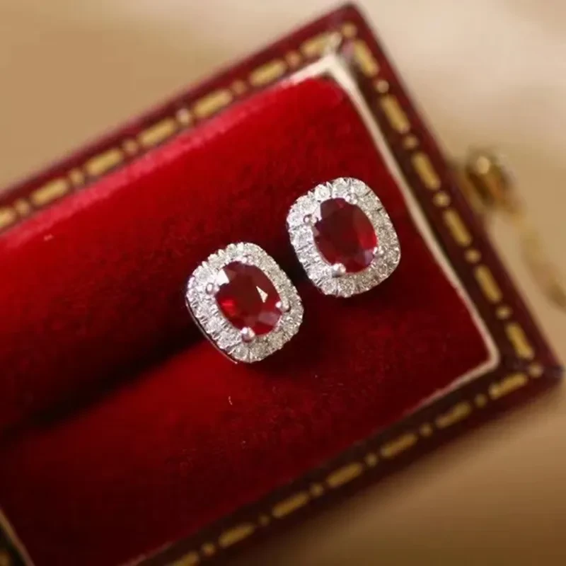 Pendientes de oro auténtico con diamantes y rubíes naturales, color rojo sangre de paloma