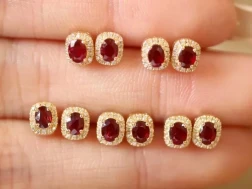 Pendientes de oro auténtico con diamantes y rubíes naturales, color rojo sangre de paloma
