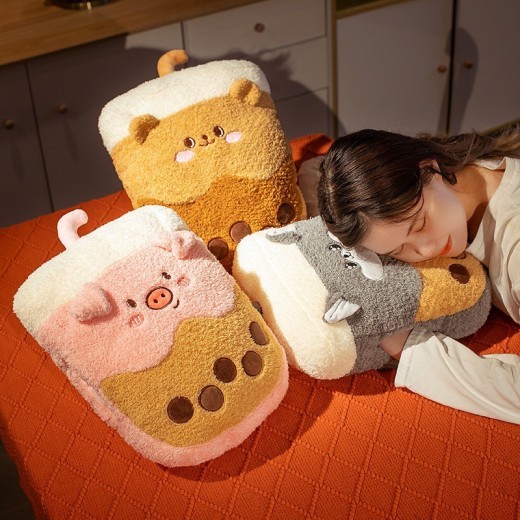 Calentador de manos de peluche de oso husky con té con leche