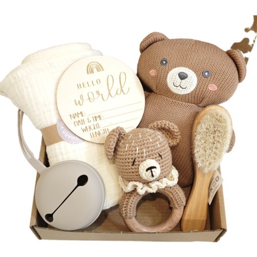 Caja de regalo de peluche de oso de peluche con campana relajante de 60 cm, toalla de saliva y manta.