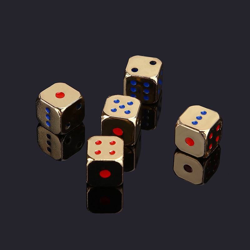 Juego de 5 dados metálicos creativos, dorados y plateados, divertidos dados de juego con puntos de colores.