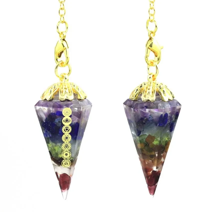 Péndulo hexagonal de resina de piedra triturada de siete chakras naturales