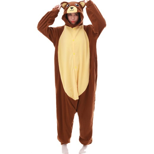 Pijama de una pieza con capucha de manga larga de forro polar y dibujos animados de animales, ropa para parejas con capucha de oso marrón